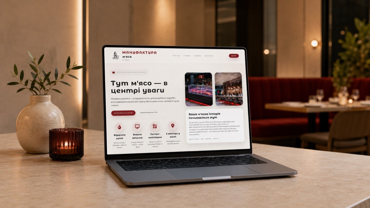 Manufaktura meat-manufactory restaurant landing page by Vii Studio displayed on a laptop screen